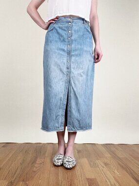 Vintage 90s Y2K Denim Jean Maxi Skirt Column Straight Button Down From High Rise